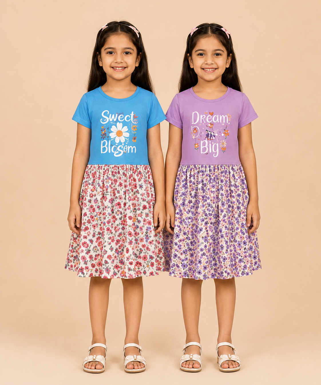 Girls Printed Half Sleeve Cotton Contrast Frock Dress | Floral Knee Length Casual Wear for Kids | Age - 5 to 10 Years | (Pack of 2)