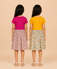 Girls Printed Half Sleeve Cotton Contrast Frock Dress | Floral Knee Length Casual Wear for Kids | Age - 5 to 10 Years | (Pack of 2)