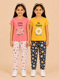 Girls Printed Cotton Night Suit Combo | Graphic Printed T-Shirts & Floral Night Pant | Age-2 to 6 Years | Pack Of 2 Sets
