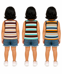 Cotton Stripes Girls Kids Sleeveless Tshirt (Pack of 3)