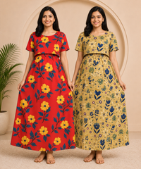 Maternity Feeding Maxi Dress | Nursing Friendly Nighty Style (Pack of 2 Pieces)
