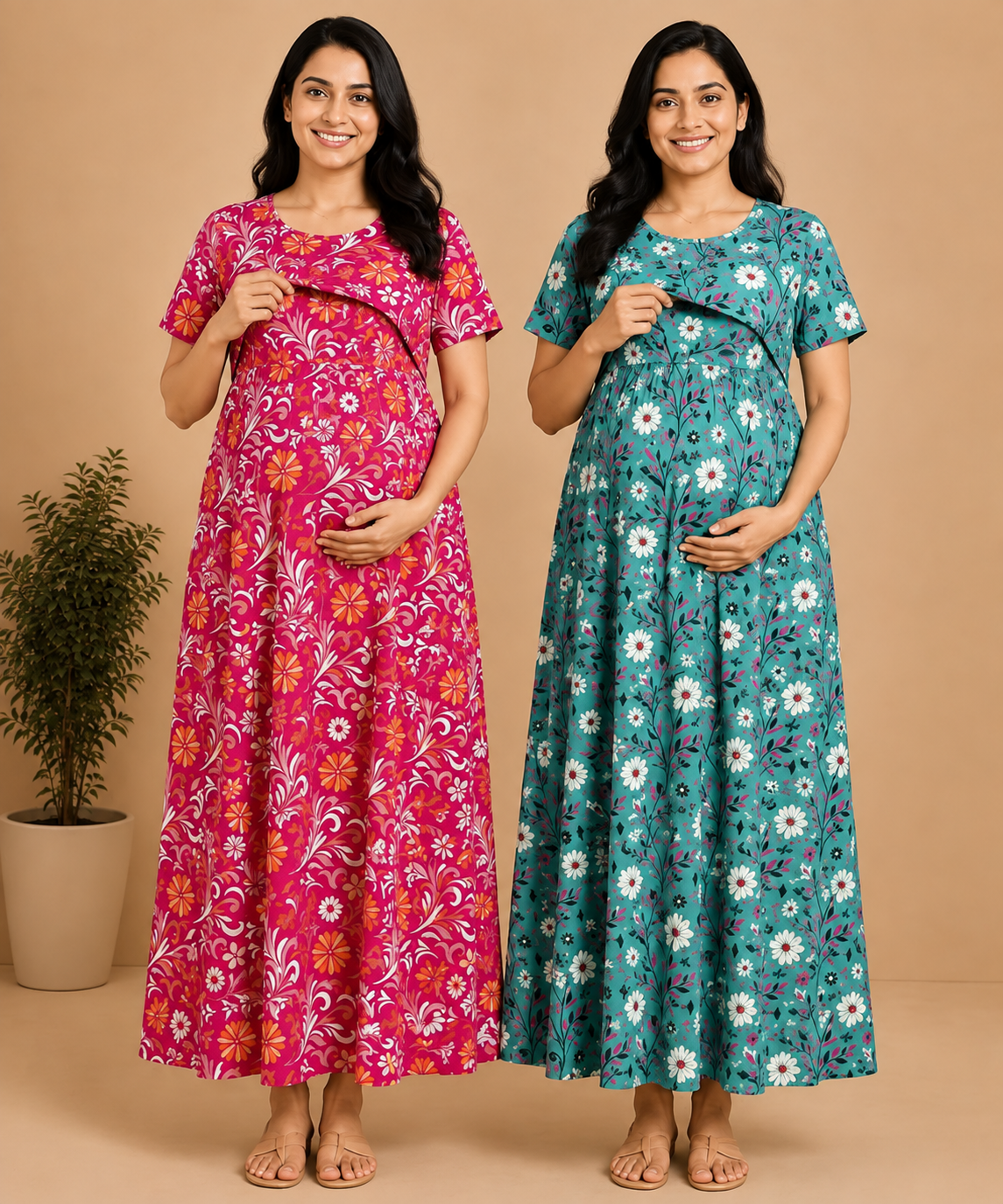 Maternity Feeding Maxi Dress | Nursing Friendly Nighty Style (Pack of 2 Pieces)