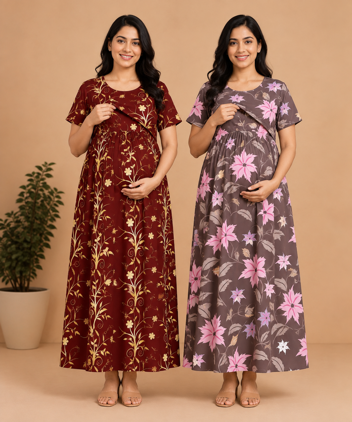 Maternity Feeding Maxi Dress | Nursing Friendly Nighty Style (Pack of 2 Pieces)