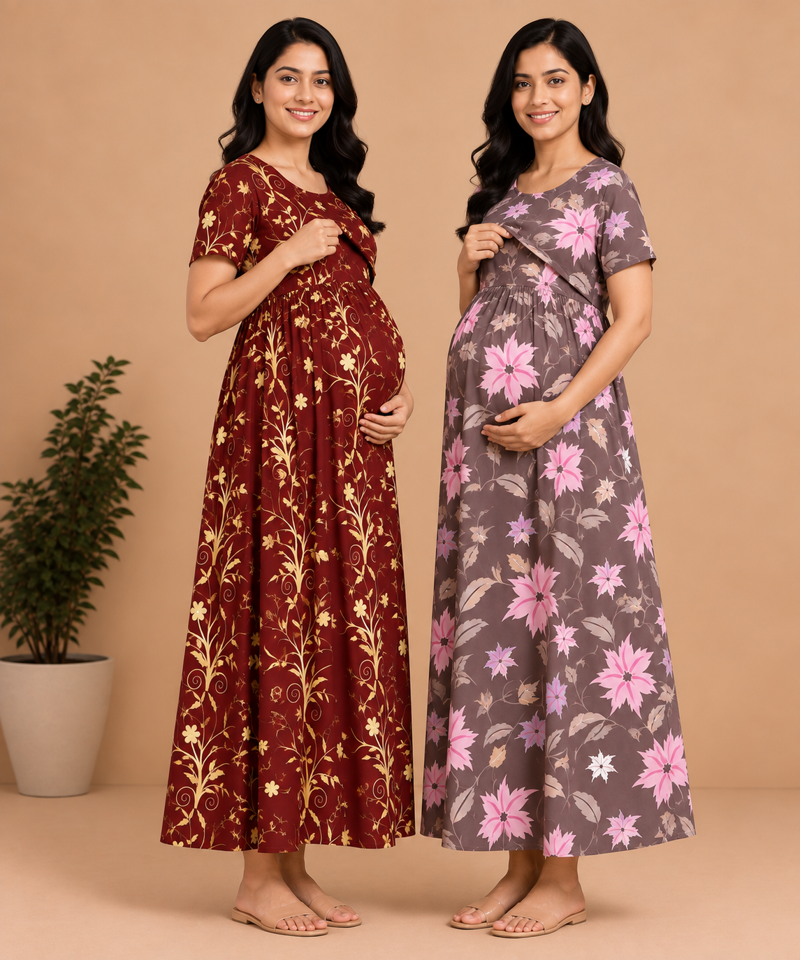 Maternity Feeding Maxi Dress | Nursing Friendly Nighty Style (Pack of 2 Pieces)