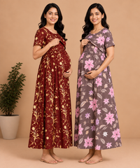 Maternity Feeding Maxi Dress | Nursing Friendly Nighty Style (Pack of 2 Pieces)