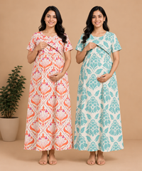 Maternity Feeding Maxi Dress | Nursing Friendly Nighty Style (Pack of 2 Pieces)