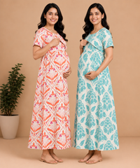 Maternity Feeding Maxi Dress | Nursing Friendly Nighty Style (Pack of 2 Pieces)