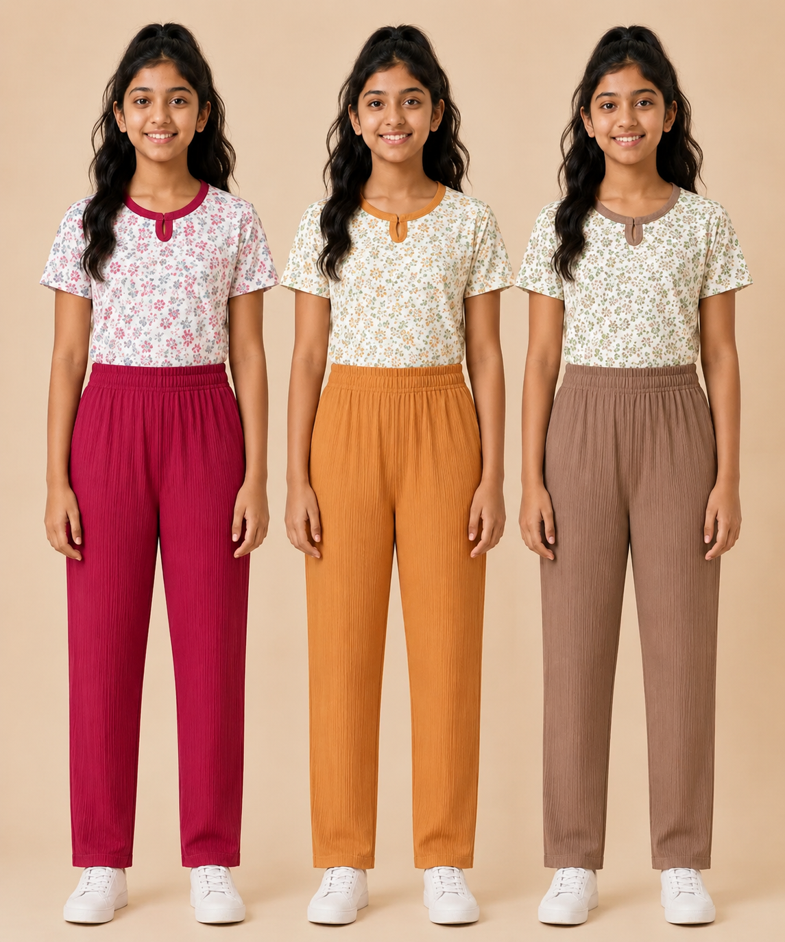 Girls Cotton Printed T-Shirt with Vertical Textured Lines Full-Length Pant Nightwear | Age 8 to 15 Years (Pack Of 3 Sets)