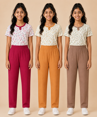 Girls Cotton Printed T-Shirt with Vertical Textured Lines Full-Length Pant Nightwear | Age 8 to 15 Years (Pack Of 3 Sets)