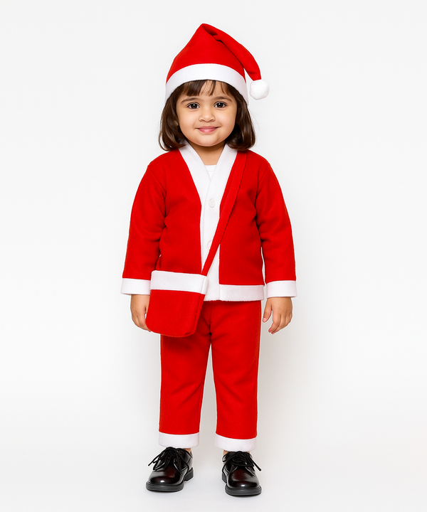 Christmas Santa Claus Kids Fancy Dress for Boys and Girls Unisex | Age 0 to 10 Years | Fleece Fabric | Plain Red Color & Border White Cuff