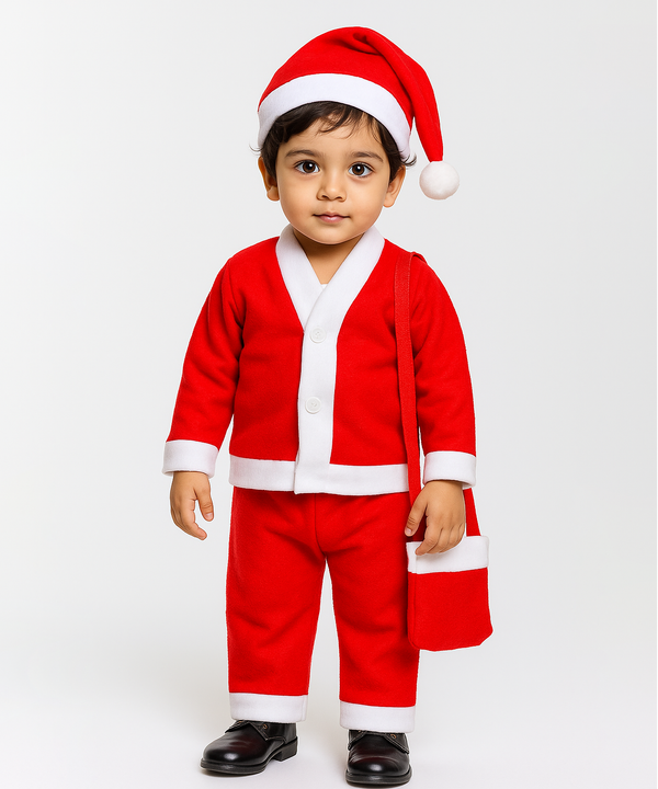 Christmas Santa Claus Kids Fancy Dress for Boys and Girls Unisex | Age 0 to 10 Years | Fleece Fabric | Plain Red Color & Border White Cuff