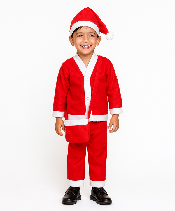 Christmas Santa Claus Kids Fancy Dress for Boys and Girls Unisex | Age 0 to 10 Years | Fleece Fabric | Plain Red Color & Border White Cuff