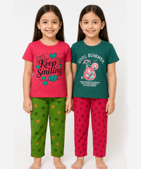 Cotton Girls Night Suit Set Combo / Age 6-7 Years S Size (Tshirt & Track Pant Set Pack of 2)