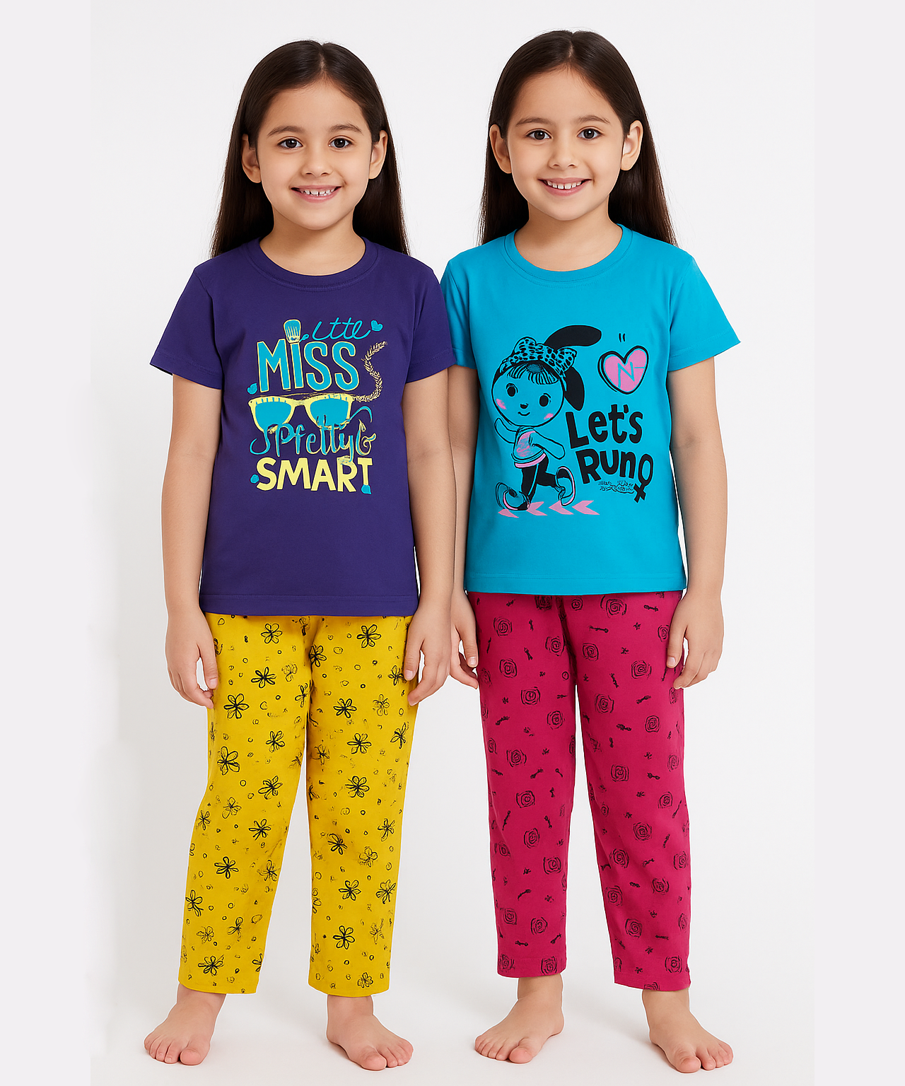 Cotton Girls Night Suit Set Combo / Age 6-7 Years S Size (Tshirt & Track Pant Set Pack of 2)