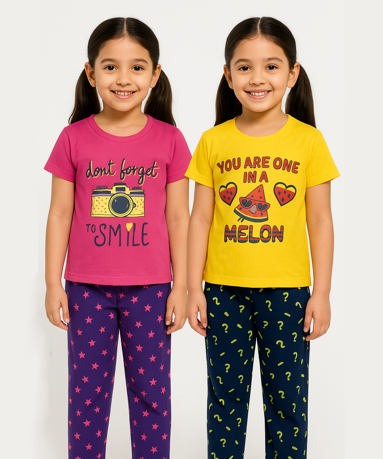 Cotton Girls Night Suit Set Combo / Age 6-7 Years S Size (Tshirt & Track Pant Set Pack of 2)