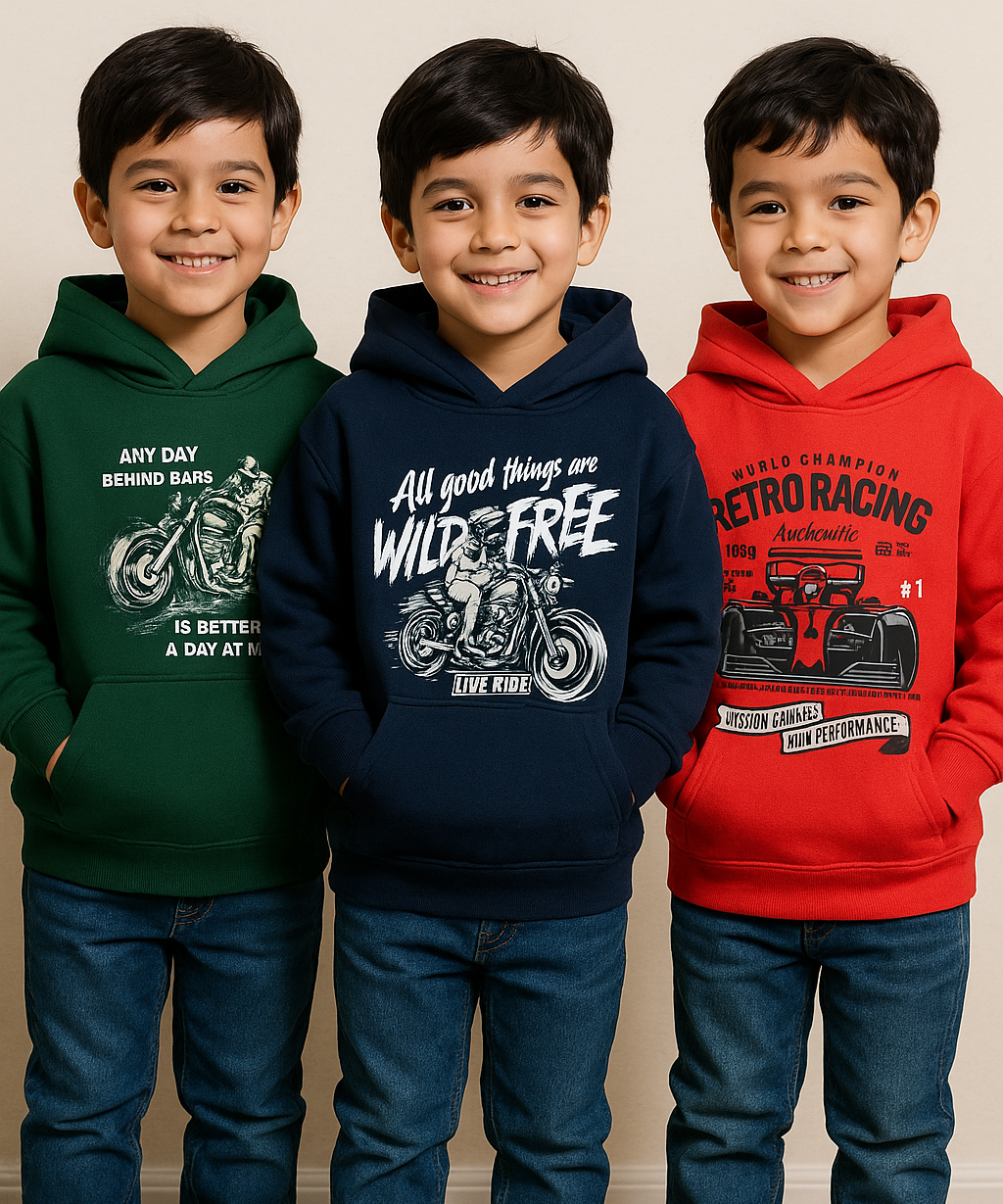 Cotton Kids Hoodie Printed Multi Colour | Age 3 to 6 Years | (Pack of 3 Pieces)
