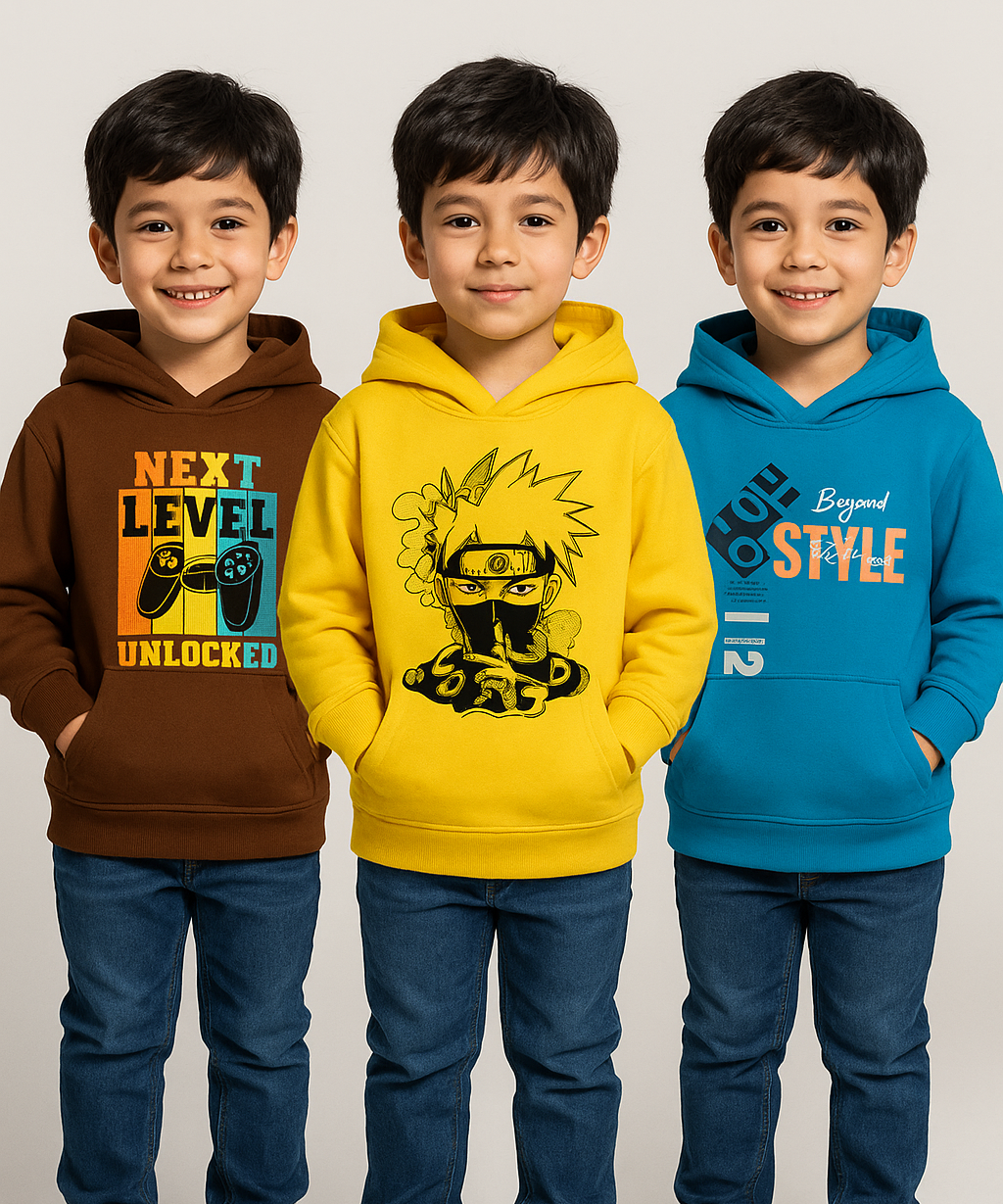 Cotton Kids Hoodie Printed Multi Colour | Age 3 to 6 Years | (Pack of 3 Pieces)