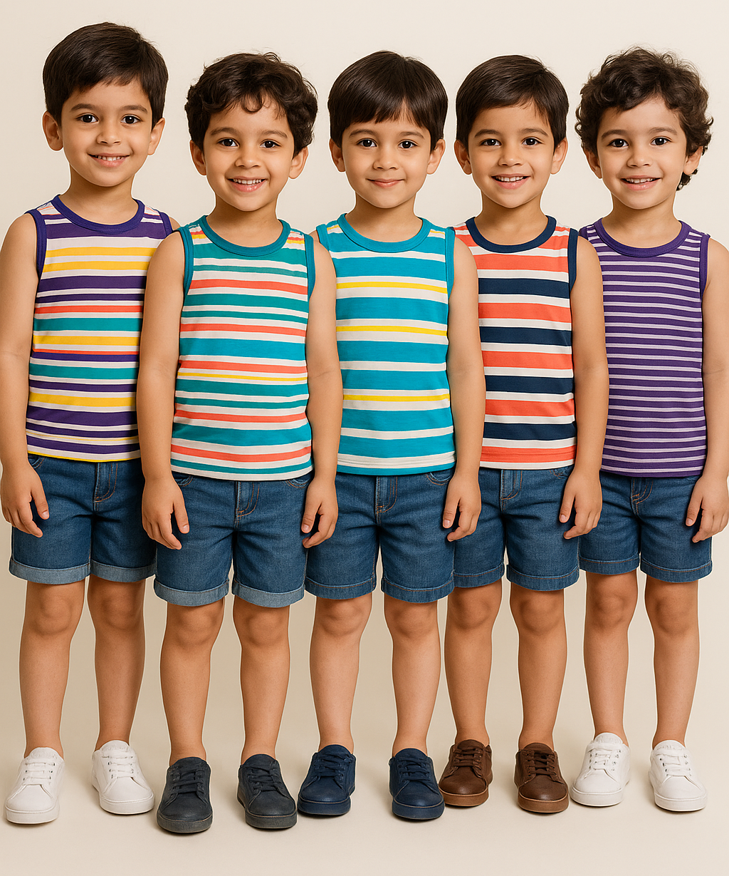 Cotton Stripes Kids Sleeveless Tshirt (Pack of 5)