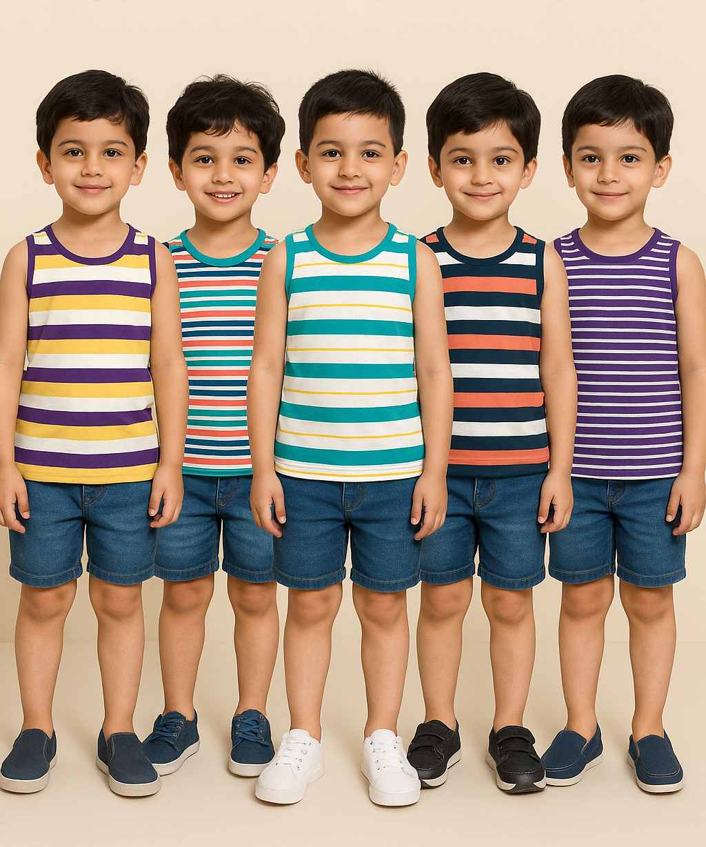 Cotton Stripes Kids Sleeveless Tshirt (Pack of 5)