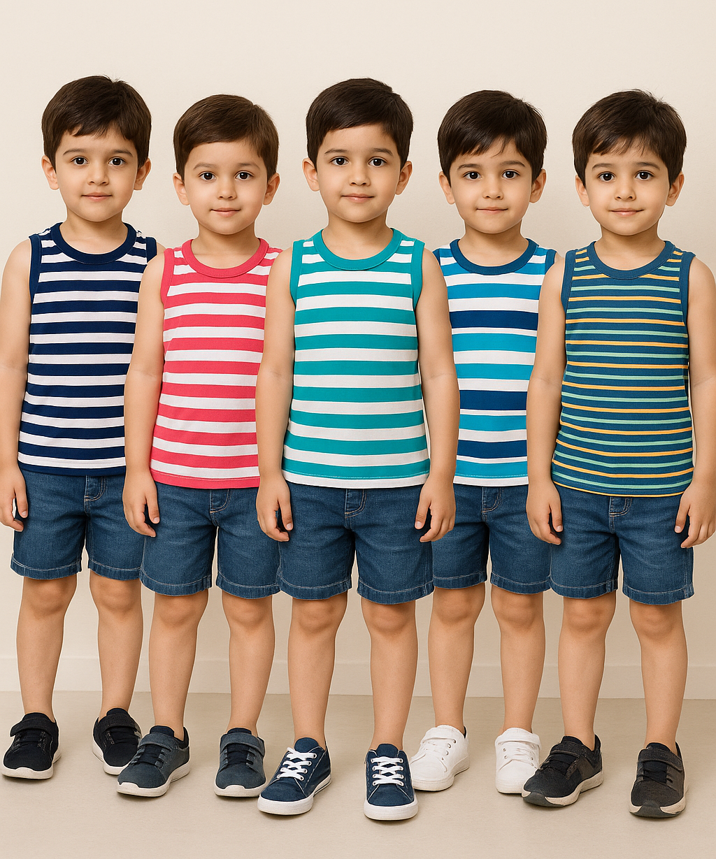 Cotton Stripes Kids Sleeveless Tshirt (Pack of 5)