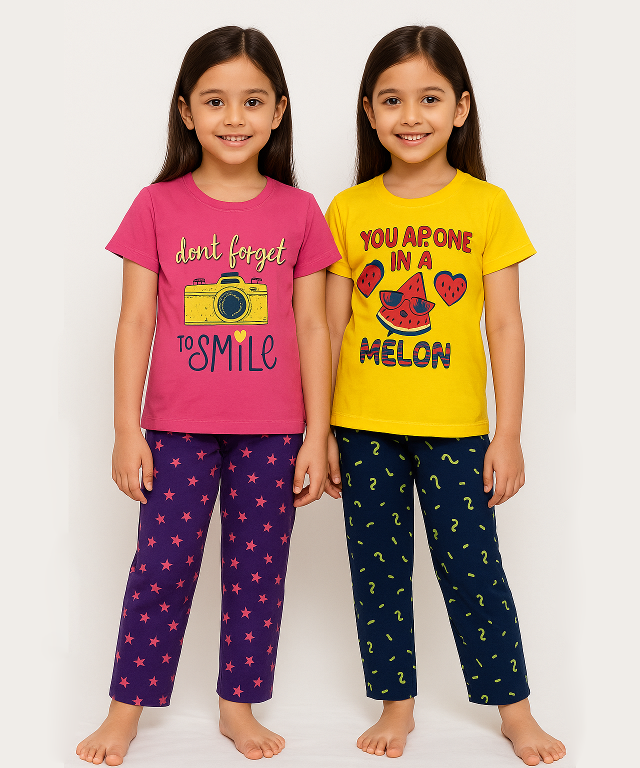 Cotton Girls Night Suit Set Combo / Age 7-8 Years M Size (Tshirt & Track Pant Set Pack of 2)