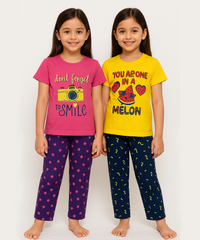Cotton Girls Night Suit Set Combo / Age 7-8 Years M Size (Tshirt & Track Pant Set Pack of 2)