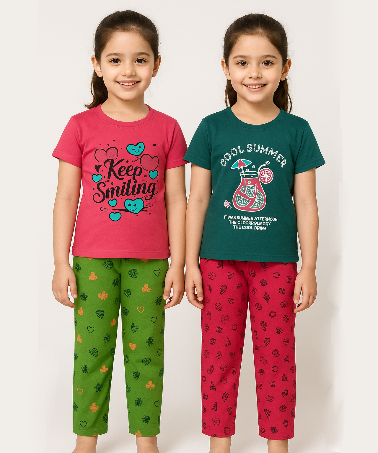 Cotton Girls Night Suit Set Combo / Age 7-8 Years M Size (Tshirt & Track Pant Set Pack of 2)