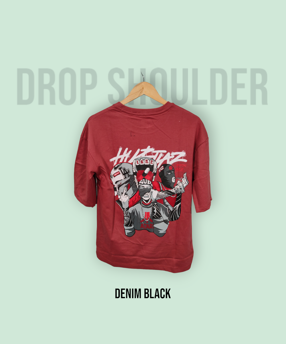 Denim Black Drop Shoulder/Oversized Tshirt  With Anime Printed