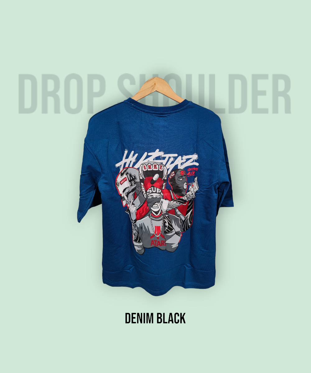 Denim Black Drop Shoulder/Oversized Tshirt  With Anime Printed