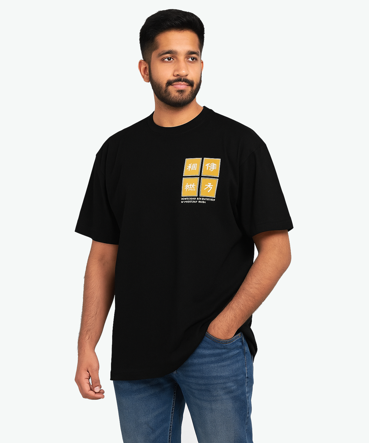 Black / Drop Shoulder/Oversized Tshirt With Chinese Word Printed / Solid Brand