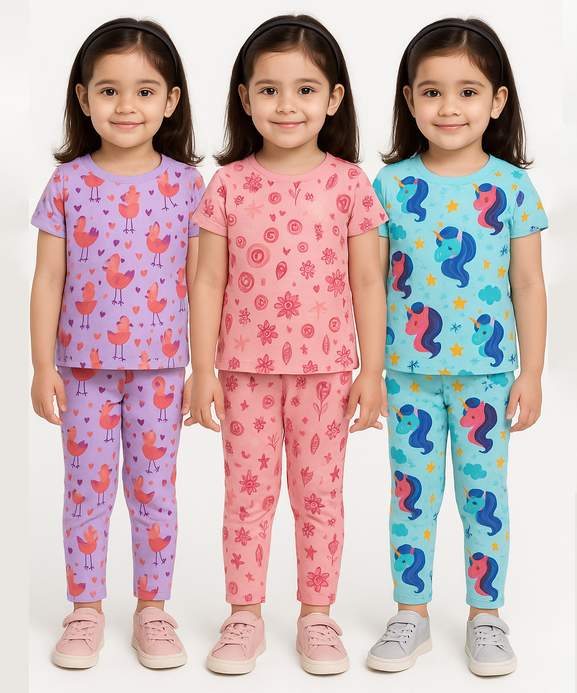 Girl Kids All Over Printed Co-ord Set | Tshirt and Pant | Age 3 to 6 Years (Pack of 3 Sets)