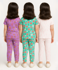 Girl Kids All Over Printed Co-ord Set | Tshirt and Pant | Age 3 to 6 Years (Pack of 3 Sets)