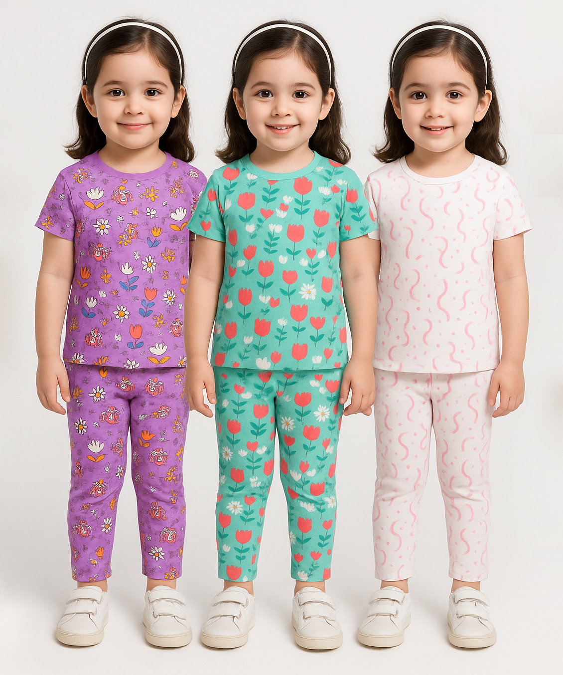 Girl Kids All Over Printed Co-ord Set | Tshirt and Pant | Age 3 to 6 Years (Pack of 3 Sets)