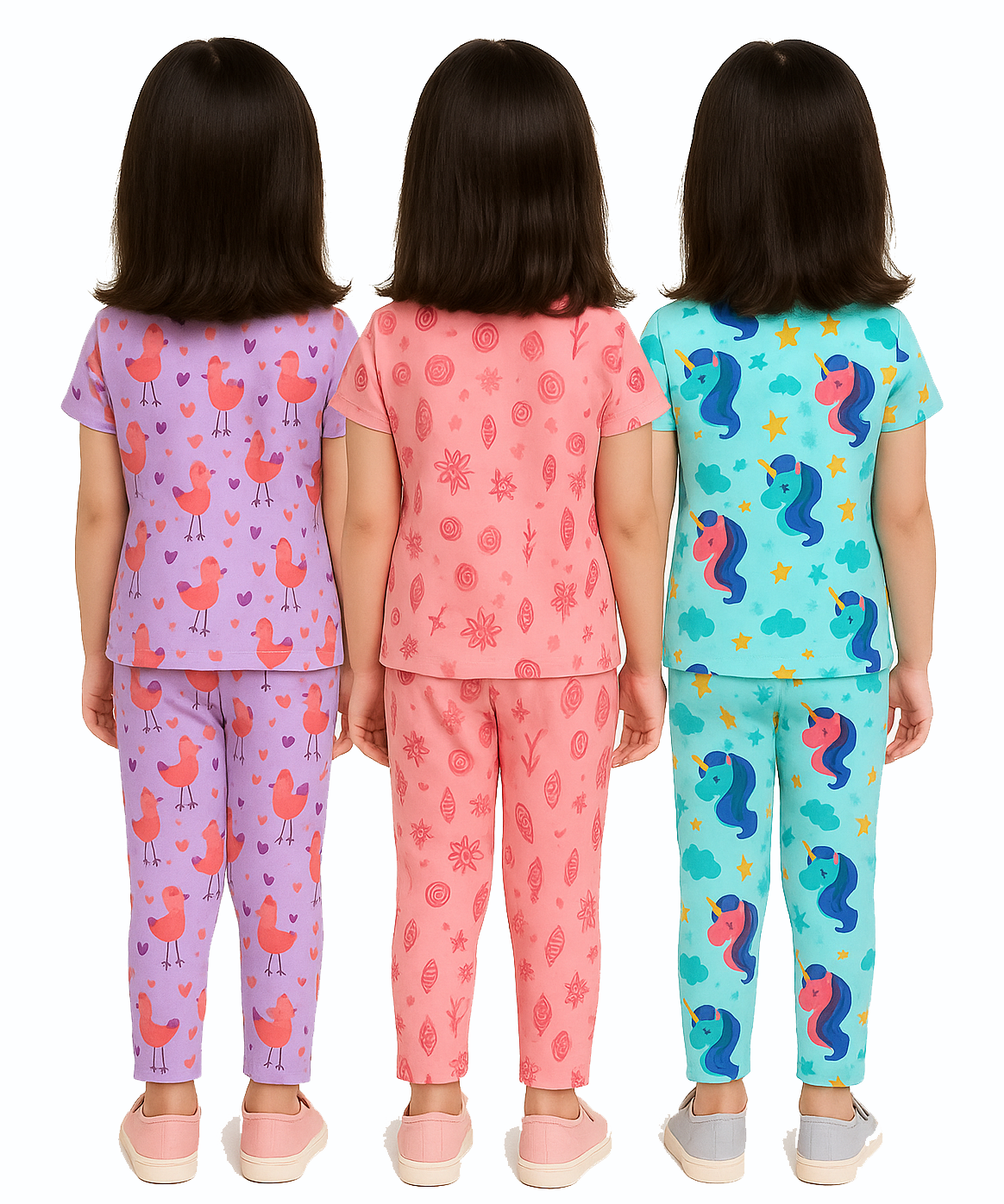 Girl Kids All Over Printed Co-ord Set | Tshirt and Pant | Age 3 to 6 Years (Pack of 3 Sets)