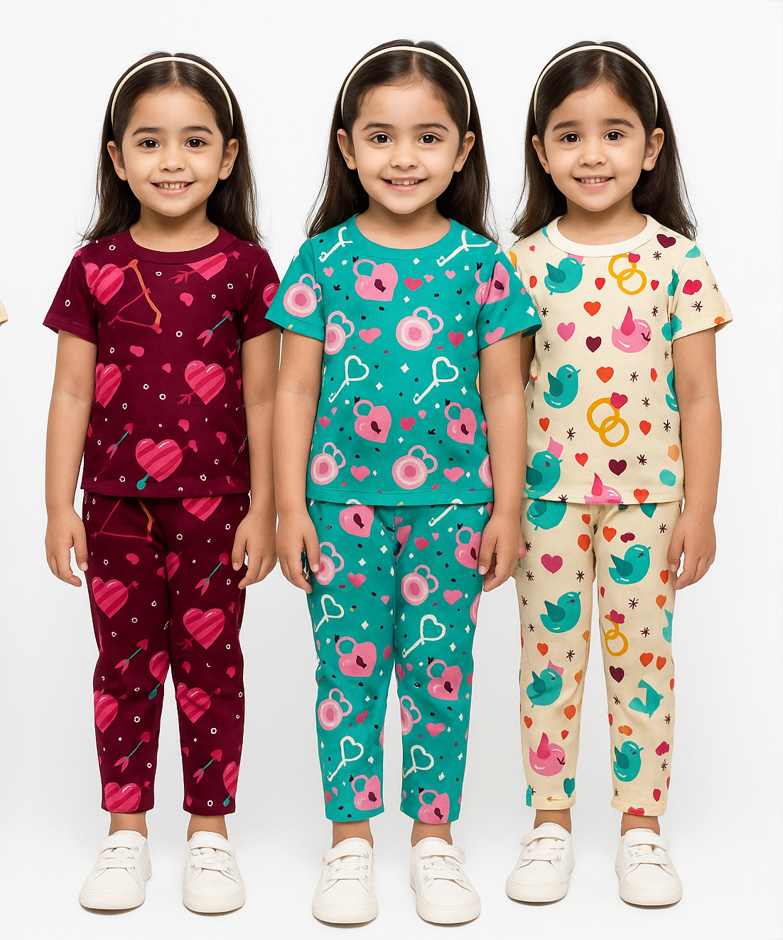 Girl Kids All Over Printed Co-ord Set | Tshirt and Pant | Age 3 to 6 Years (Pack of 3 Sets)