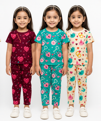 Girl Kids All Over Printed Co-ord Set | Tshirt and Pant | Age 3 to 6 Years (Pack of 3 Sets)