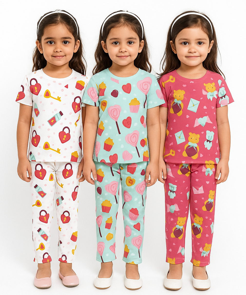 Girl Kids All Over Printed Co-ord Set | Tshirt and Pant | Age 3 to 6 Years (Pack of 3 Sets)