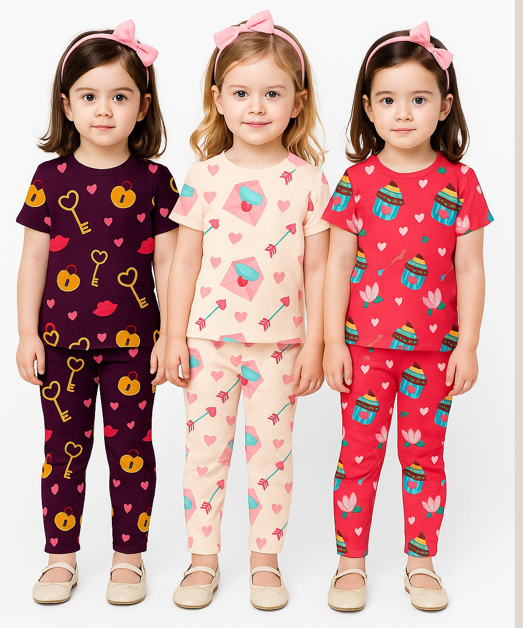 Girl Kids All Over Printed Co-ord Set | Tshirt and Pant | Age 3 to 6 Years (Pack of 3 Sets)