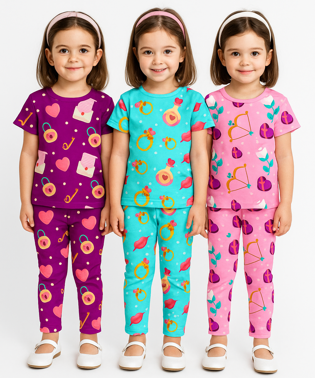 Girl Kids All Over Printed Co-ord Set | Tshirt and Pant | Age 3 to 6 Years (Pack of 3 Sets)