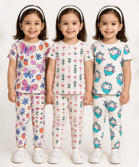 Girl Kids All Over Printed Co-ord Set | Tshirt and Pant | Age 3 to 6 Years (Pack of 3 Sets)