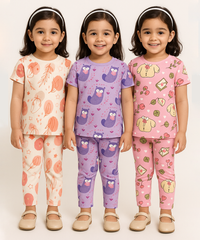 Girl Kids All Over Printed Co-ord Set | Tshirt and Pant | Age 3 to 6 Years (Pack of 3 Sets)