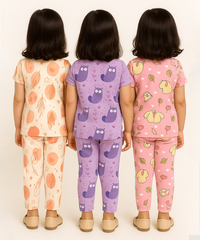 Girl Kids All Over Printed Co-ord Set | Tshirt and Pant | Age 3 to 6 Years (Pack of 3 Sets)