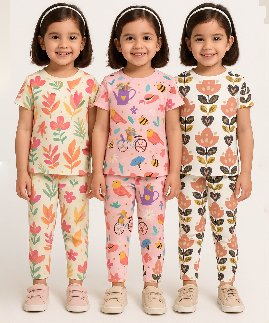 Girl Kids All Over Printed Co-ord Set | Tshirt and Pant | Age 3 to 6 Years (Pack of 3 Sets)