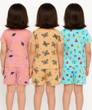 Girl Kids All Over Printed Co-ord Set | Tshirt and Shorts | Age 0 to 3 Years (Pack of 3 Sets)
