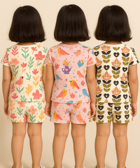Girl Kids All Over Printed Co-ord Set | Tshirt and Shorts | Age 0 to 3 Years (Pack of 3 Sets)