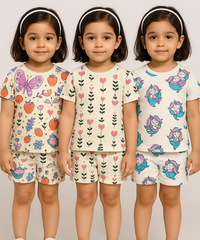 Girl Kids All Over Printed Co-ord Set | Tshirt and Shorts | Age 0 to 3 Years (Pack of 3 Sets)