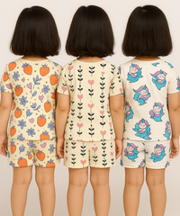 Girl Kids All Over Printed Co-ord Set | Tshirt and Shorts | Age 0 to 3 Years (Pack of 3 Sets)