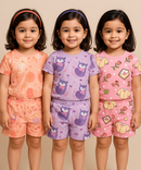 Girl Kids All Over Printed Co-ord Set | Tshirt and Shorts | Age 0 to 3 Years (Pack of 3 Sets)