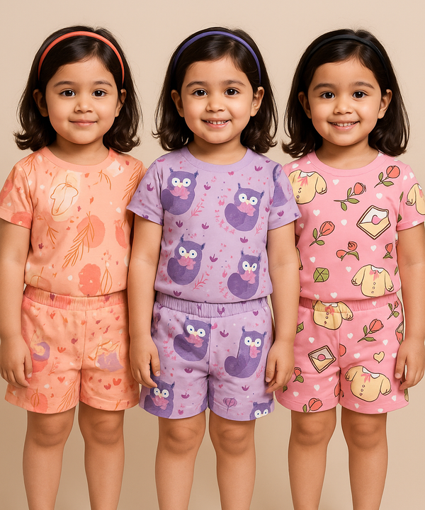 Girl Kids All Over Printed Co-ord Set | Tshirt and Shorts | Age 0 to 6 Years (Pack of 3 Sets)