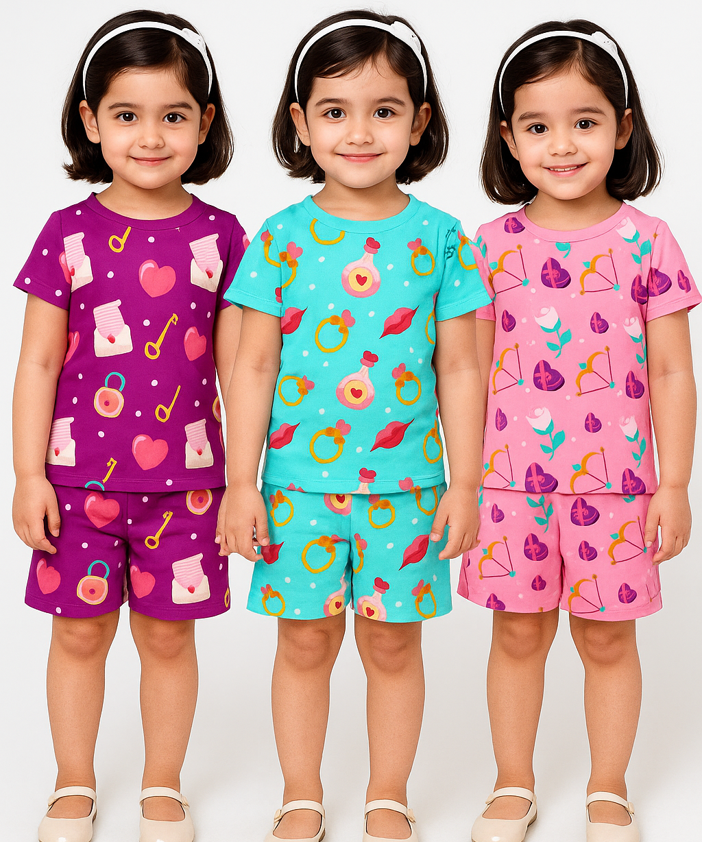 Girl Kids All Over Printed Co-ord Set | Tshirt and Shorts | Age 0 to 3 Years (Pack of 3 Sets)